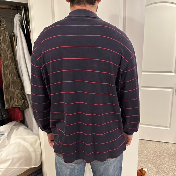 XL Red Striped Land’s End Navy Blue Long Sleeve Polo - Picture 3 of 4